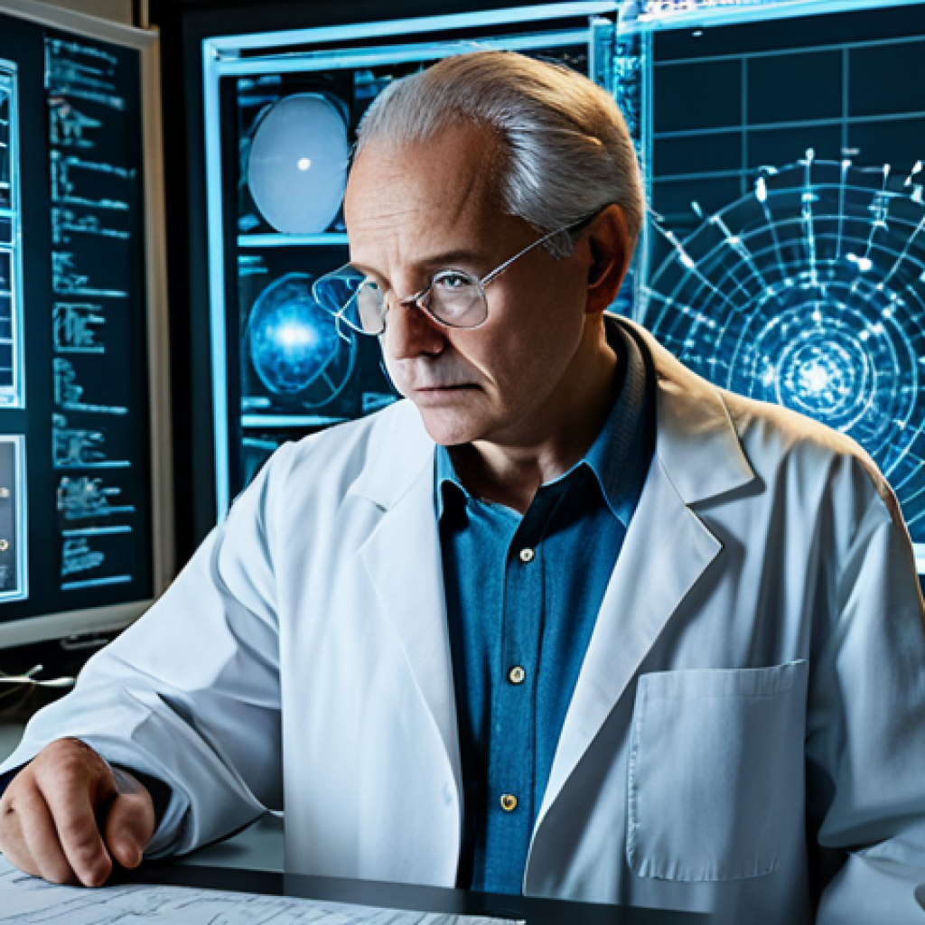 "A brilliant physicist in a modern, light-filled laboratory, surrounded by complex equations and holographic projections, deeply engrossed in thought. Focus on the innovative equipment and cutting-edge research environment. *Safe for work, appropriate content, professional, fully clothed.*"