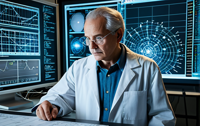 "A brilliant physicist in a modern, light-filled laboratory, surrounded by complex equations and holographic projections, deeply engrossed in thought. Focus on the innovative equipment and cutting-edge research environment. *Safe for work, appropriate content, professional, fully clothed.*"
