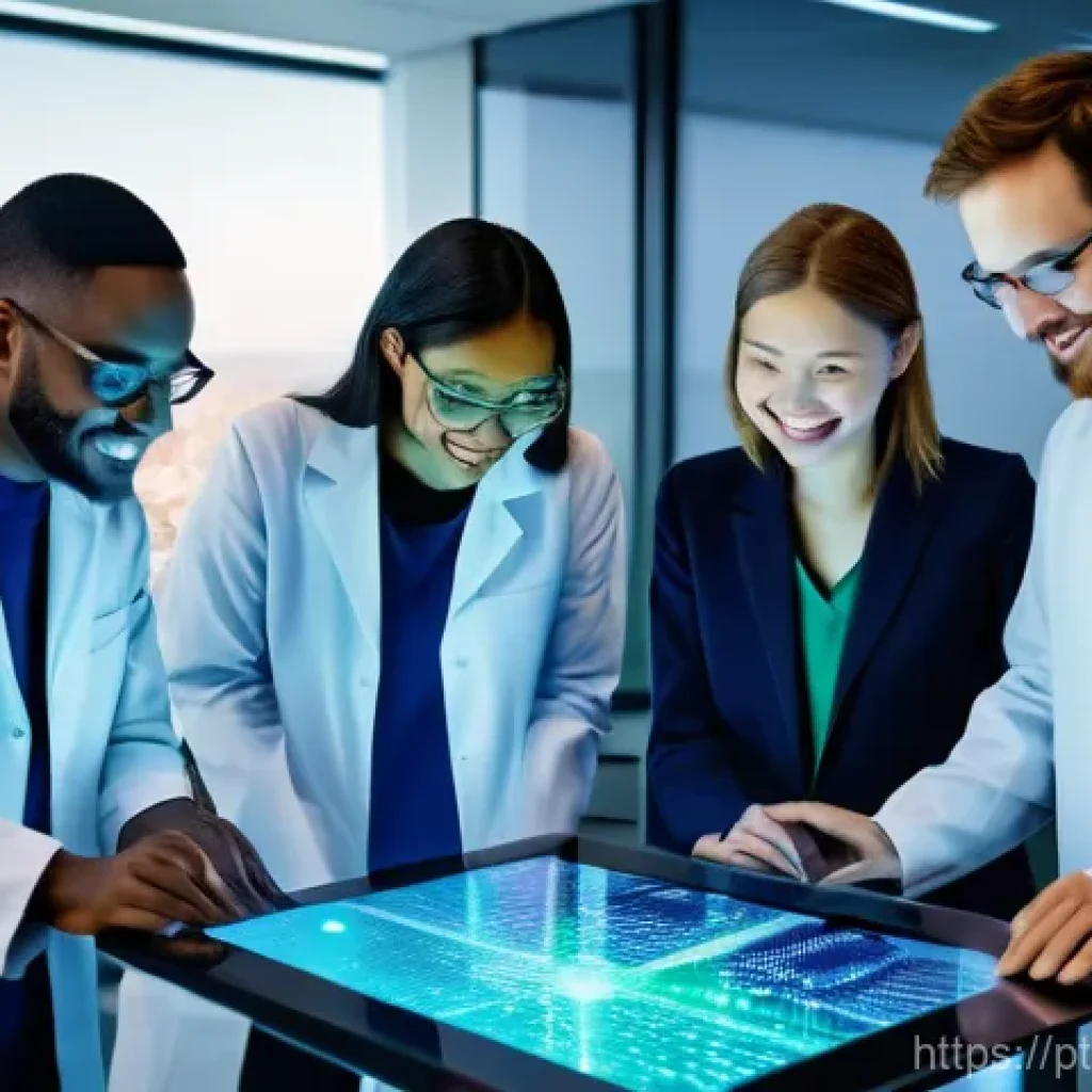 물리학자로서 자부심 가지기 - **Quantum Leaps in Digital Innovation:** A diverse team of five scientists, two women and three men ...