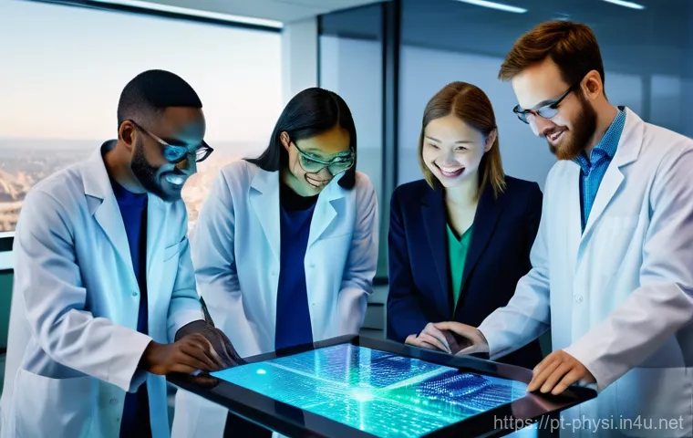 물리학자로서 자부심 가지기 - **Quantum Leaps in Digital Innovation:** A diverse team of five scientists, two women and three men ...