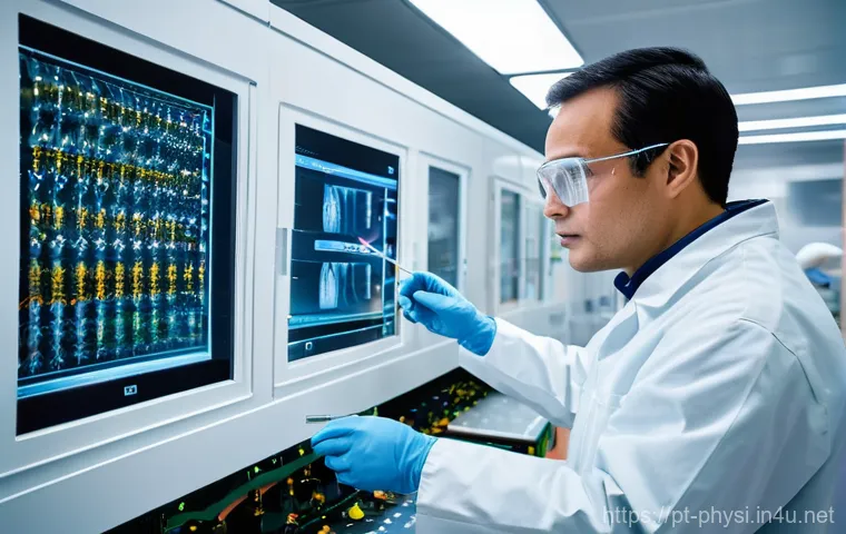 물리학 전공자의 취업 가능한 산업 - **Prompt: "A male physicist, appearing to be in his late 30s, is intensely focused on multiple large...