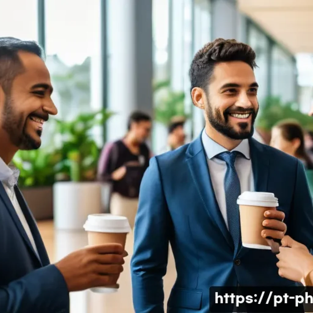 물리학자의 해외 학회 참여 - A diverse group of international conference attendees networking during a coffee break in a modern c...