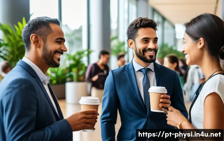 물리학자의 해외 학회 참여 - A diverse group of international conference attendees networking during a coffee break in a modern c...