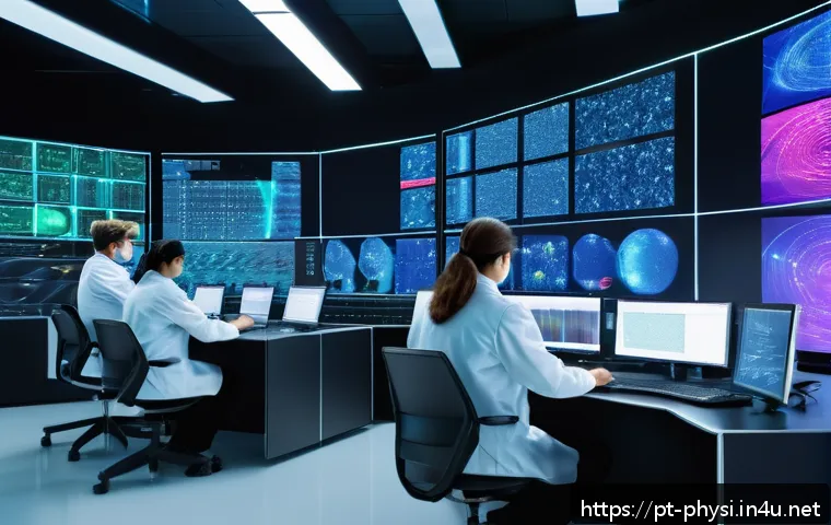 물리학과 물리적 시뮬레이션의 중요성 - A detailed and futuristic laboratory scene showing scientists using advanced computational physics s...