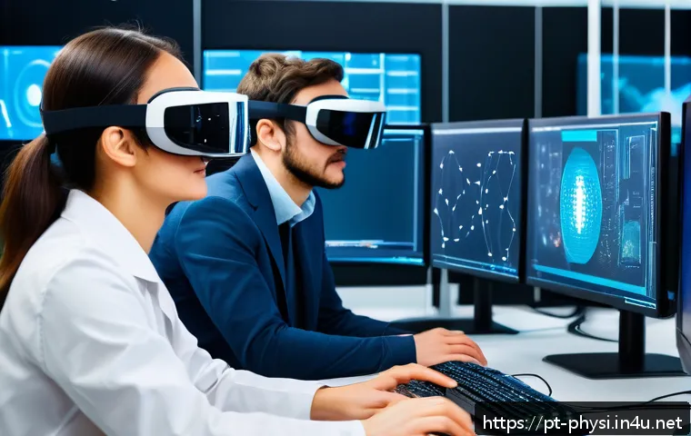 물리학 프로그래밍 언어 선택 - A modern physics simulation laboratory scene showcasing a diverse team of adult scientists and progr...