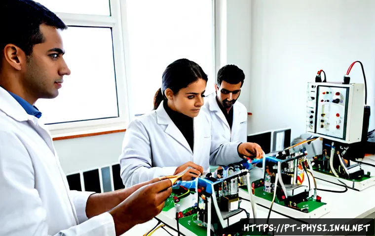 물리학과 전기공학의 교차점 - Photorealistic university laboratory scene showing the intersection of physics and electrical engine...