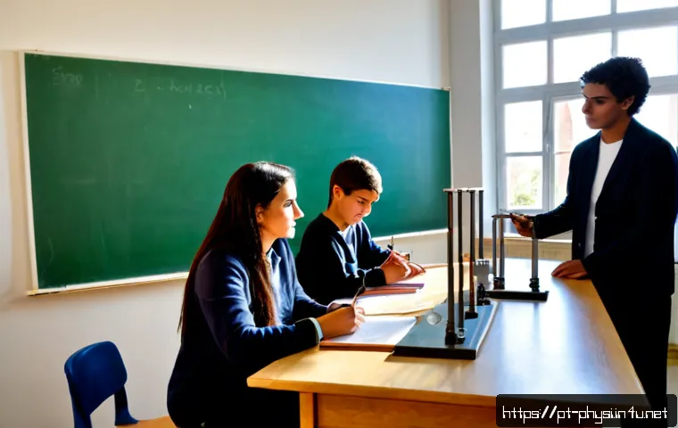 Home 17 물리학자와 STEM 교육 - Photorealistic university physics classroom in Portugal, a diverse middle-aged physicist demonstrati...